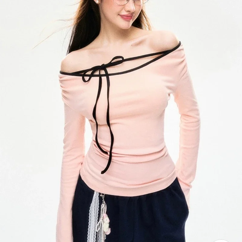 

Deeptown Sweet Sexy Elegant T-Shirts Coquette Fashion Off Shoulder Lace Up Tees Korean Style Pink Long Sleeve T-Shirt Aesthetics