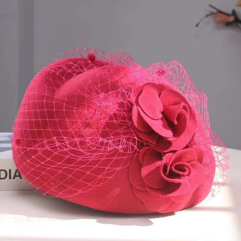 Hat Female Autumn and Winter Korean Version Top Hat Fashion Trendy Flower Felt Hat British Retro Mesh Beret Outside