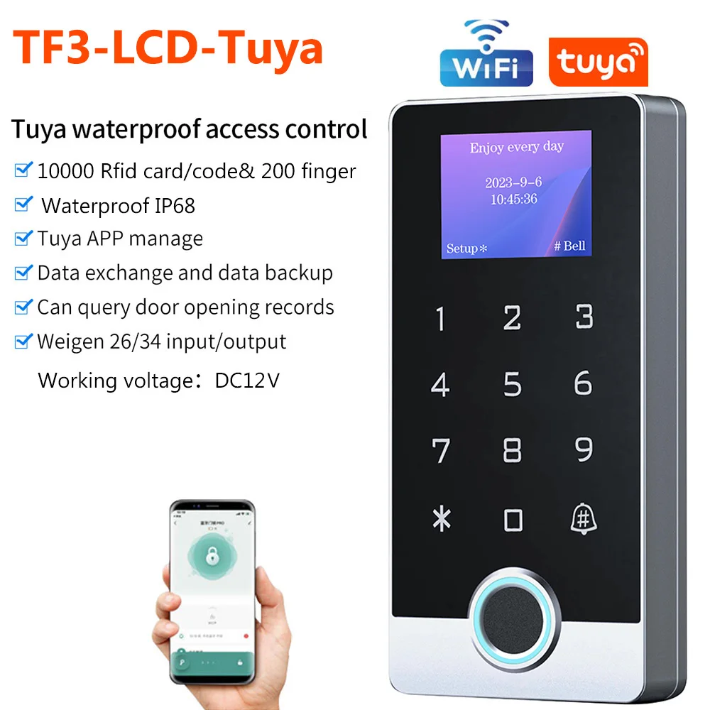 

TF3LCD Считыватель отпечатков пальцев Светодиодный экран Автономная дверная клавиатура Цельнометаллическая система контроля доступа Wi-Fi Водонепроницаемая система управления приложением Tuya