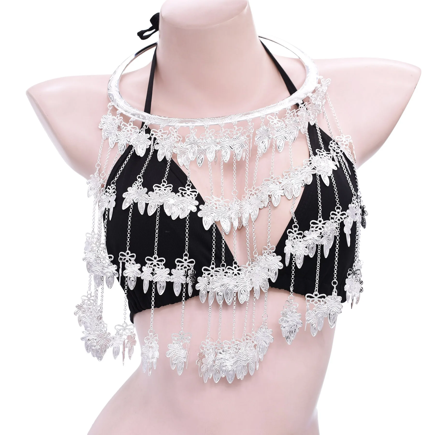 Central Asian fashion ethnic style multi-layer geometric tassel collar silver necklace festival performance necklace