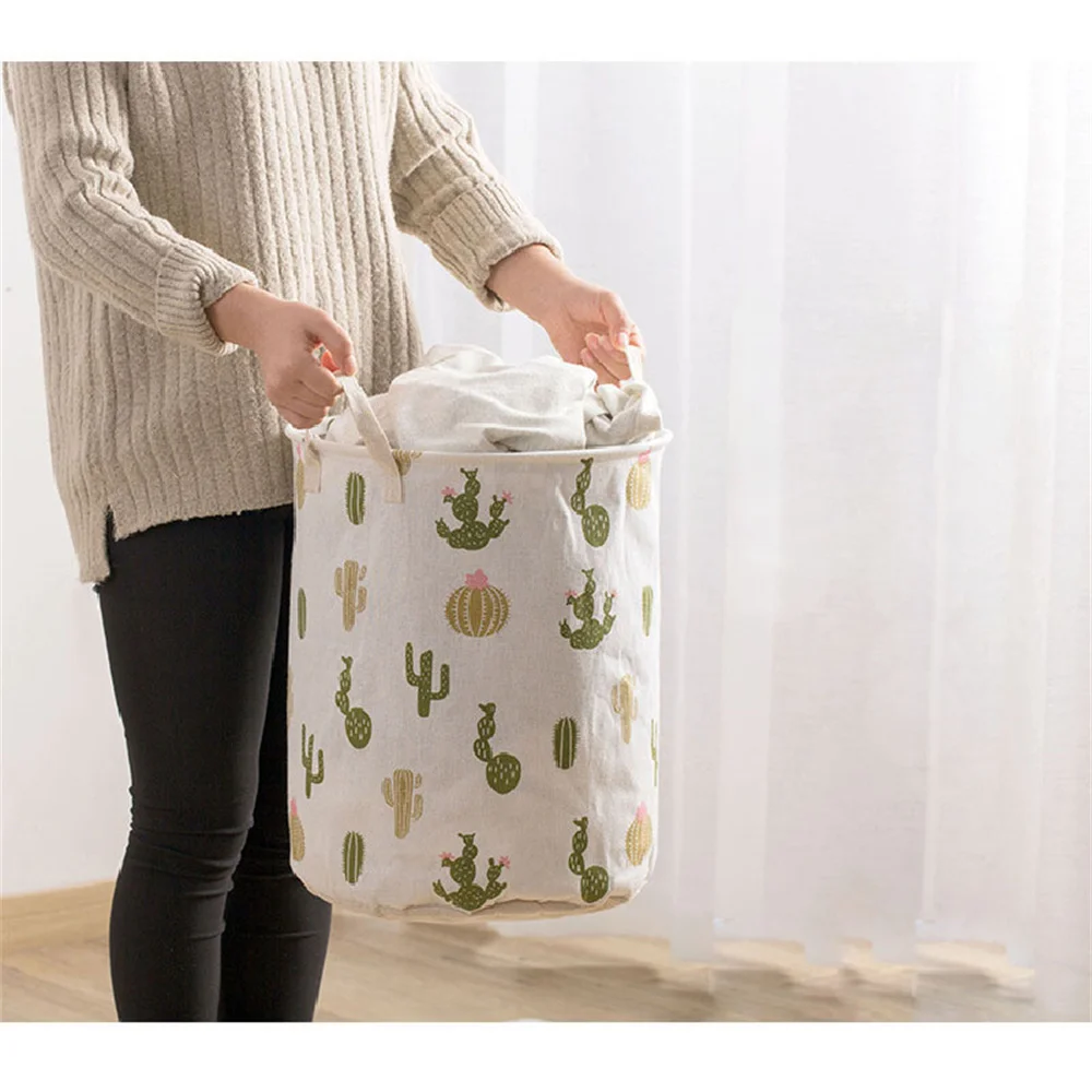 Dirty Laundry Basket Cotton Linen Foldable Organizer Round Waterproof Laundry Bucket Clothes Toys Large Capacity Storage Basket