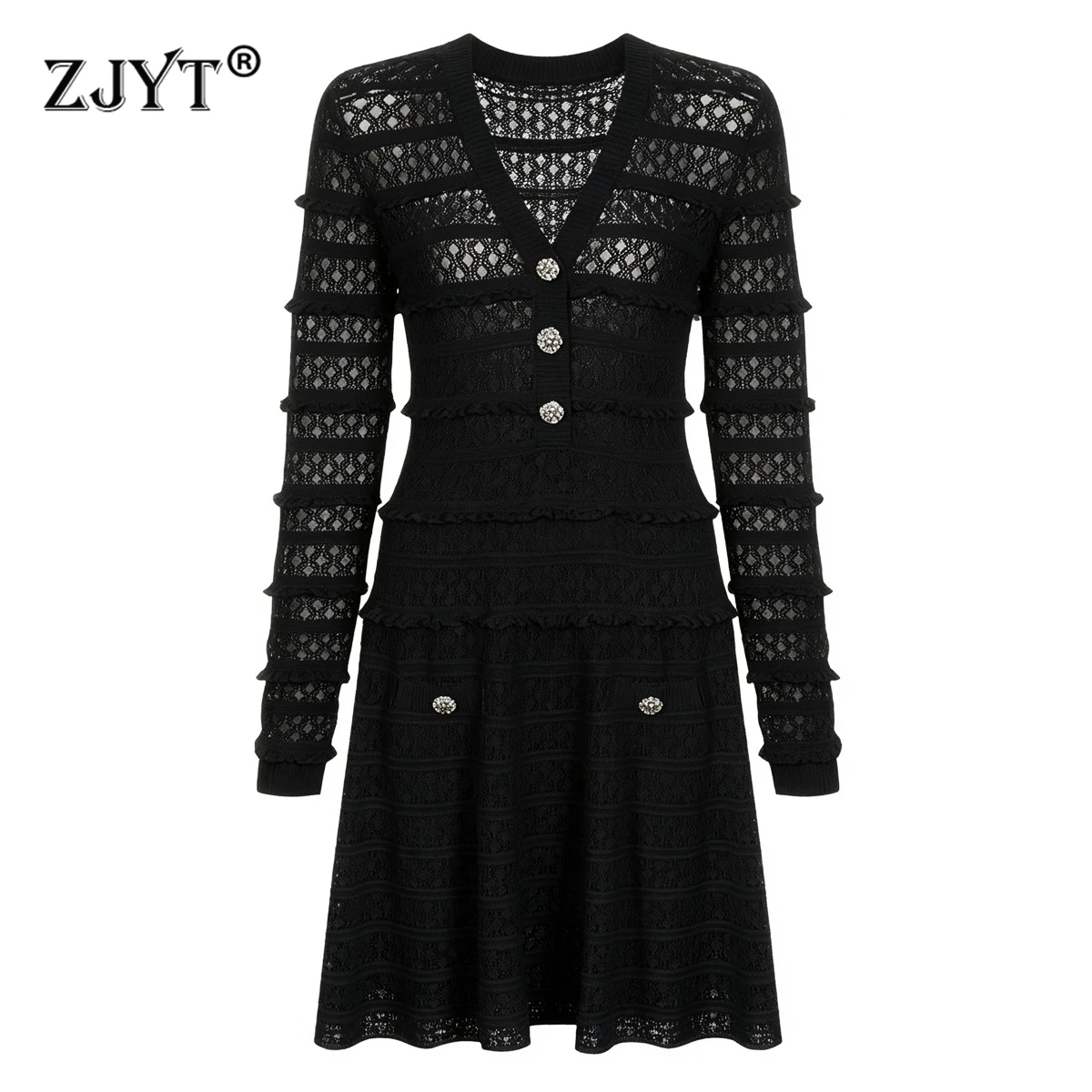 ZJYT Elegant Autumn Long Sleeve Knit Sweater Dresses for Women 2026 New Hollow Out Black Casual Short Dress Female Vestidos Pink