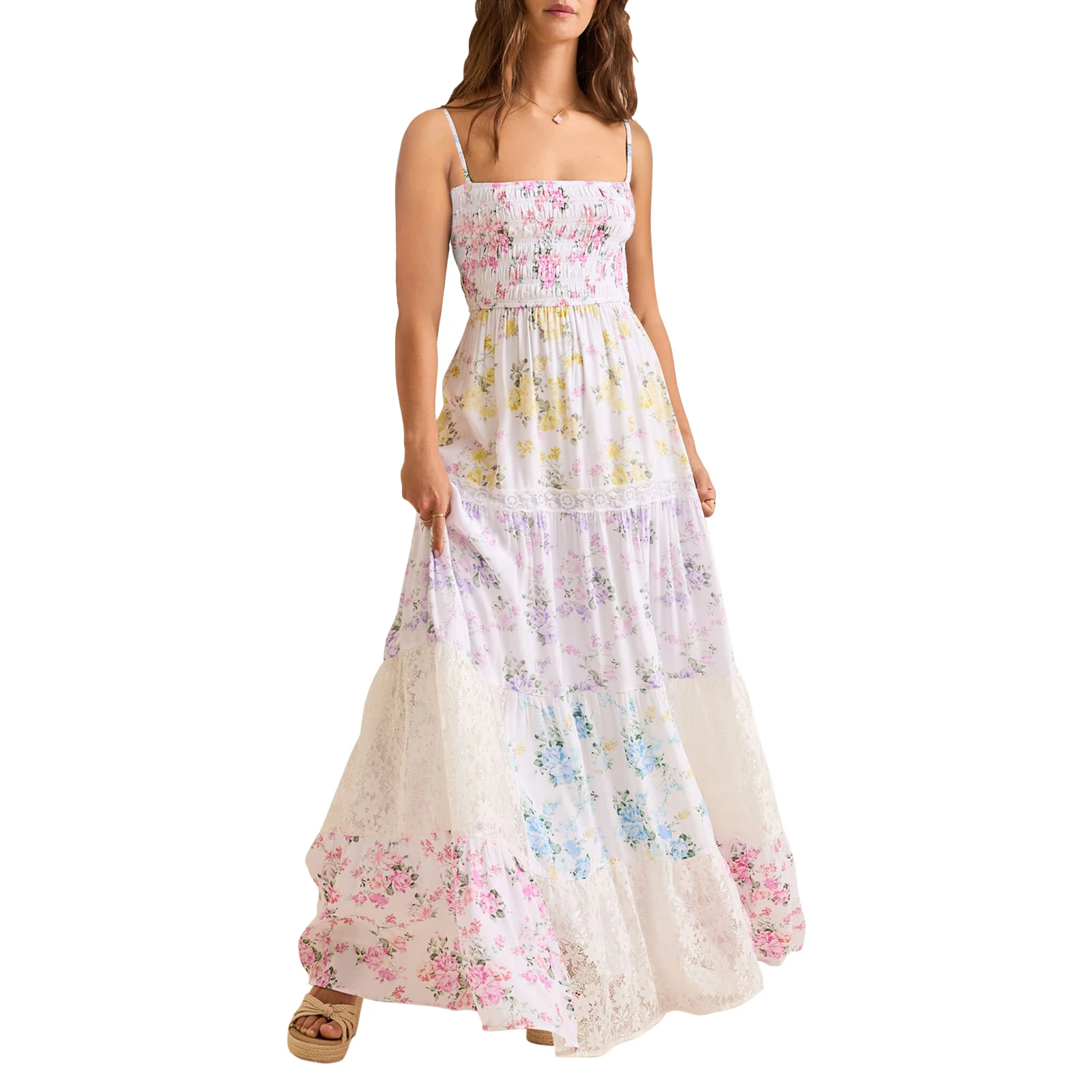 ผู้หญิงฤดูร้อนแขนกุดพิมพ์ดอกไม้ Contrast สีปรับสายรัดบาง Smocked Flowy A-Line ยาว Cami Slip Dress