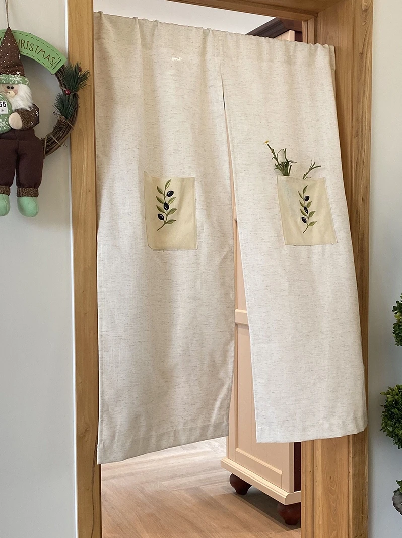 

Japanese Style Door Curtain Partition Embroidered Olive Branch Linen Door Curtain Entry Door Partition American Style