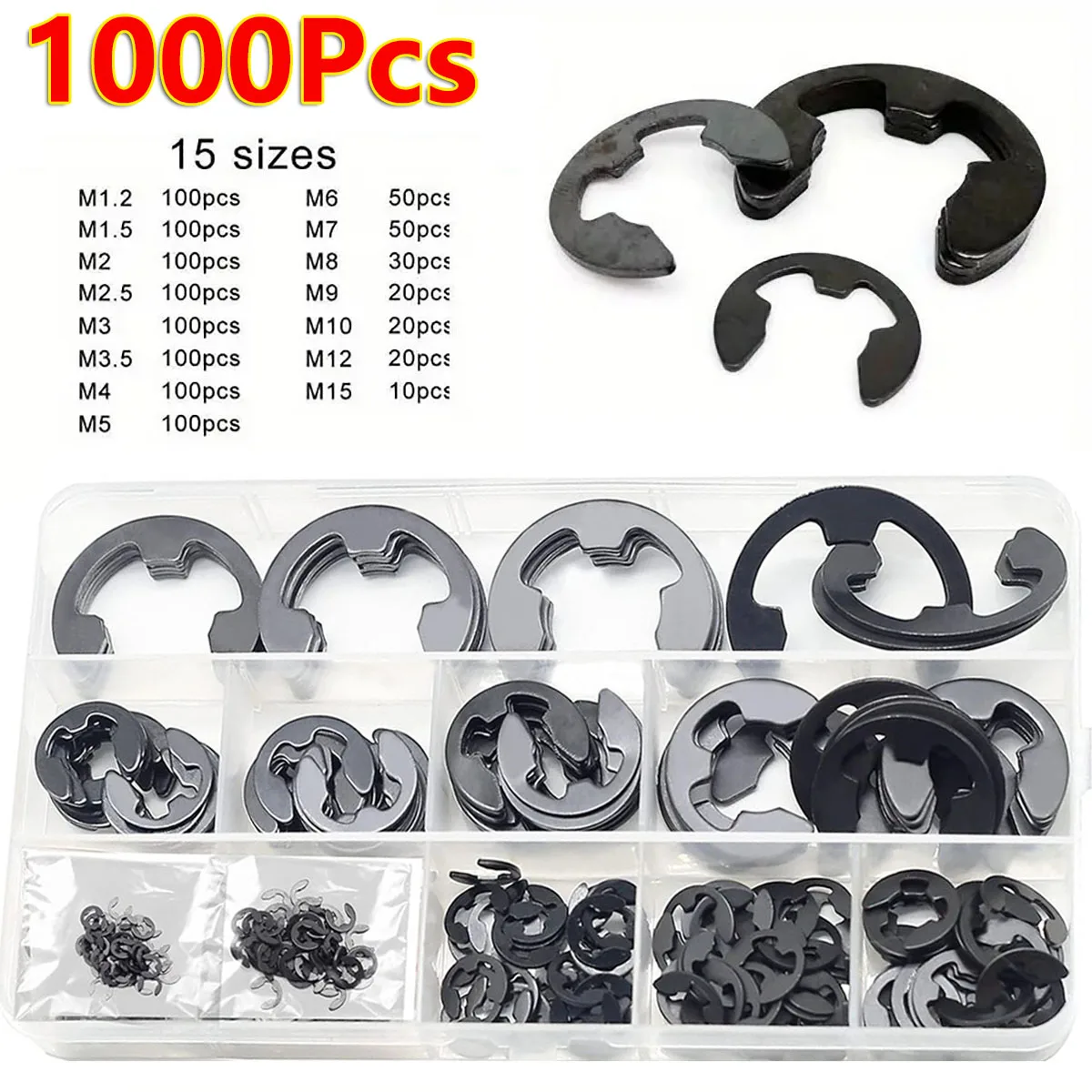 1000Pcs M1.2-M15 Black Carbon Steel E Clip Ring Snap Circlip Washer Assortment Kit Set External Retaining Ring for Shaft DIY