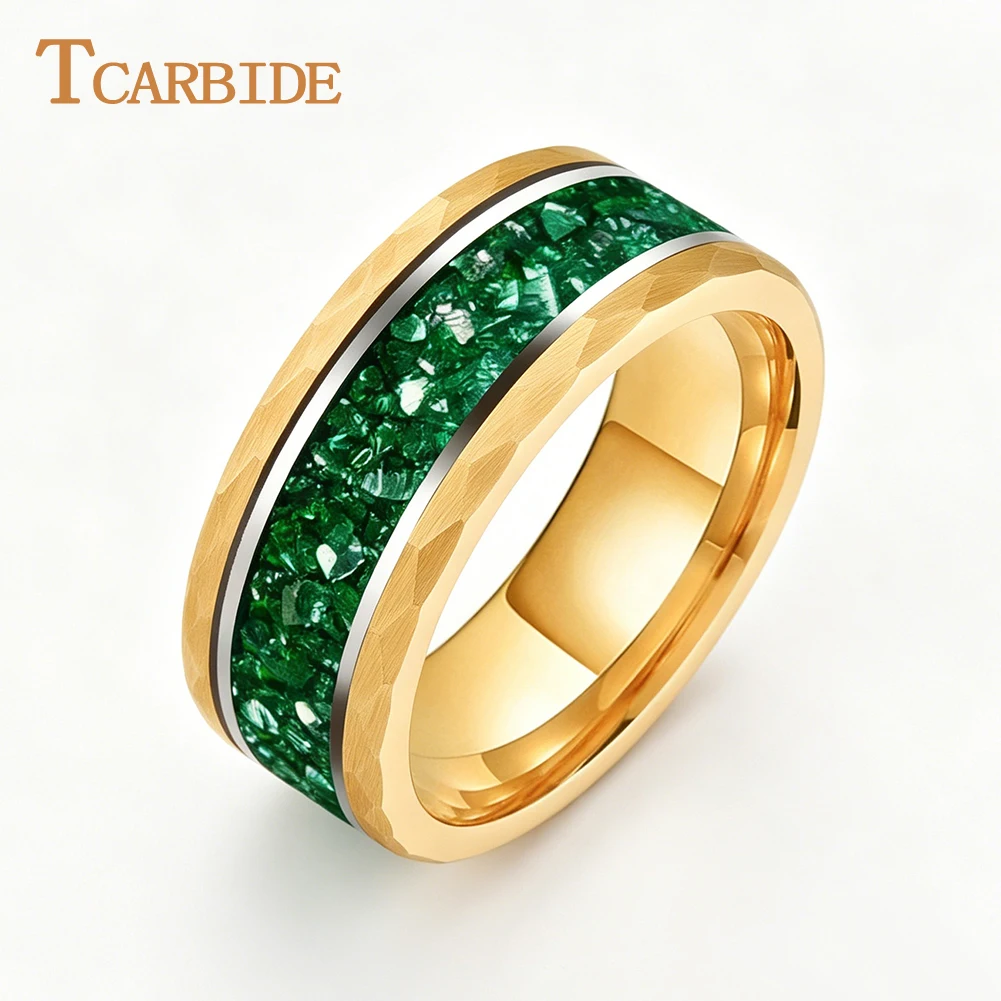 tcarbide-8-ミリメートル美しいグリーンクリスタルストーンインレイ結婚指輪男性女性タングステンハンマーリングコンフォートフィット