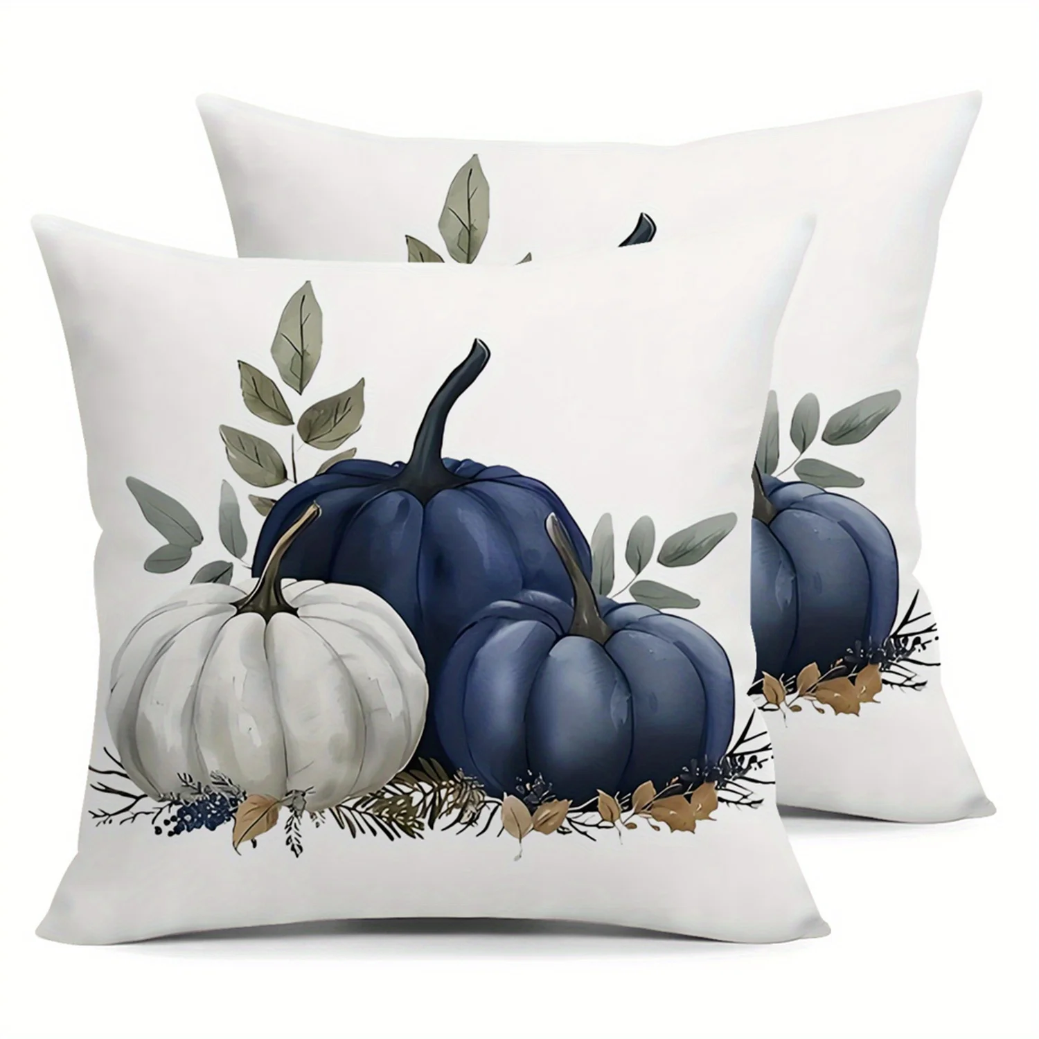 2pcs Blue And White Pumpkin Throw Pillow Covers Green Branches Leaves Cushion Case Fall Thanksgiving Day