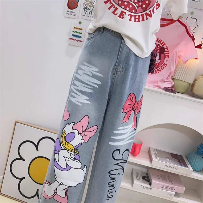 Desenhos animados estilo coreano feminino estampado com calça jeans larga, calça jeans comprida casual com zíper claro, solta e fofa, nova, verão 2022