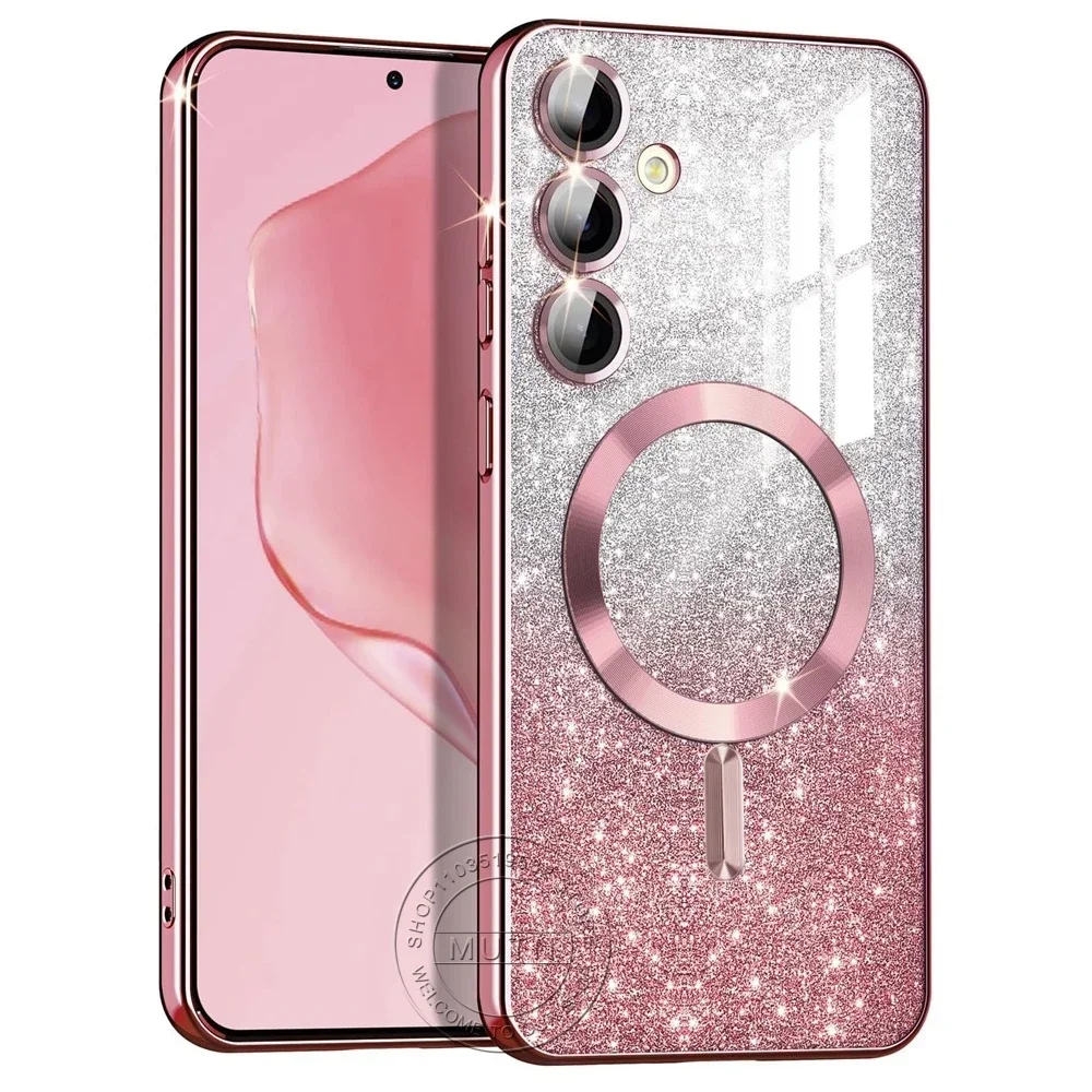 غطاء لامع لامع لهاتف سامسونج جالاكسي S25 S24 S23 S22 S21 S20 Plus FE Note20 Ultra حافظة لاسلكية MagSafe مغناطيسية