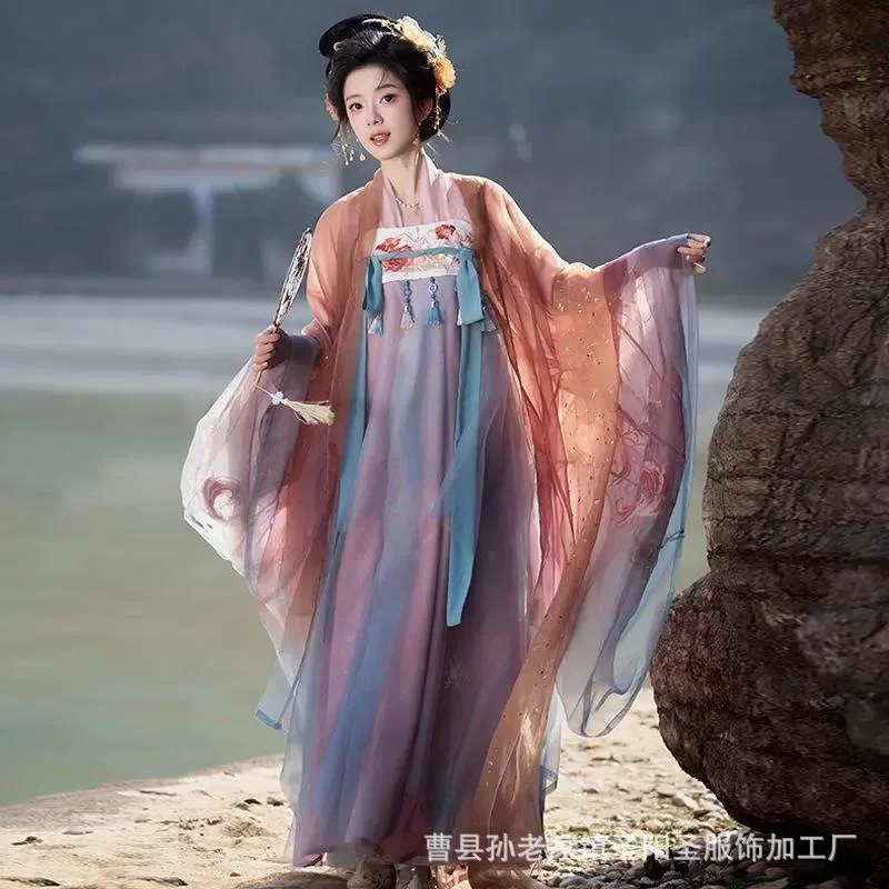 

Женская юбка Hanfu с цветочной лисой и тяжелой вышивкой, рубашка до груди, рубашка с большими рукавами, повседневная одежда в сказочном стиле династии Тан