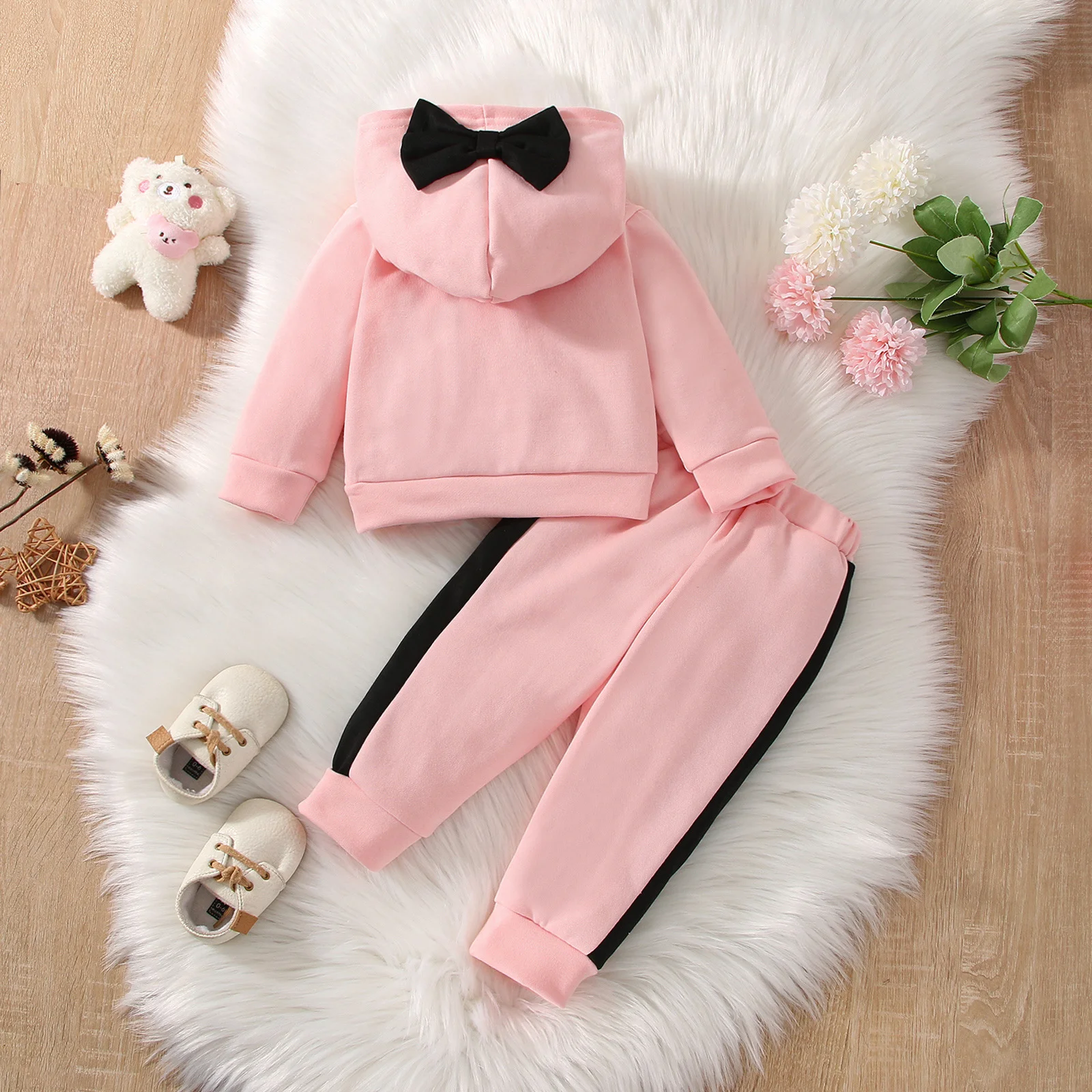Autumn 2Pcs Baby Girls Long Sleev Printing Letter With Bow Hoodie Set For Casual Sporty Clothes For 1-3Y