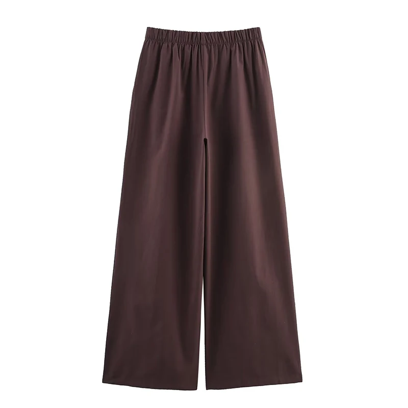 YENKYE Vintage Brown Wide Leg Embroidery Pants Women High Waist Casual Loose Trousers Summer pantalones de mujer