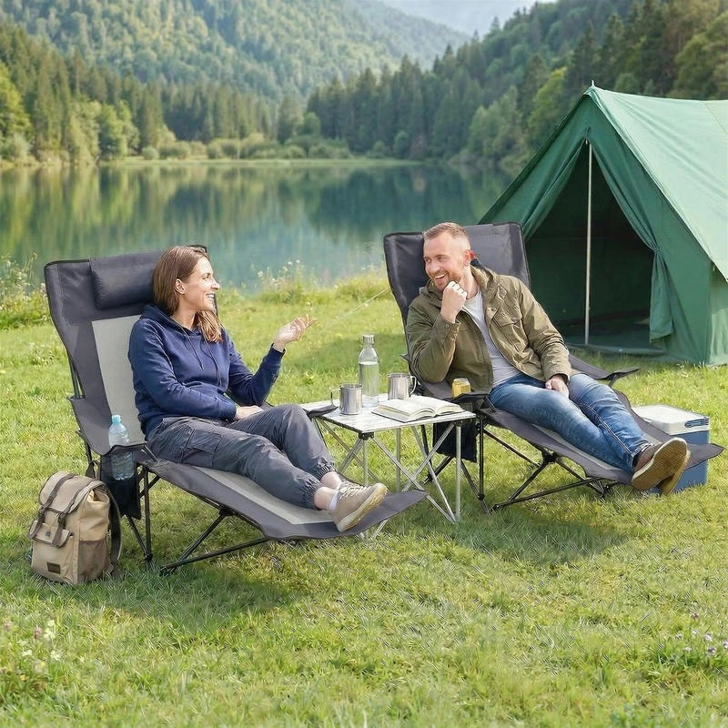 2-teiliges Set Campingstuhl, Angelstuhl, klappbar, mit verstellbarer Rückenlehne, Fußstütze, Getränkehalter, Kopfstütze, Dunkelgrau, robust, langlebig, für Garten, Terrasse, Camping, platzsparend