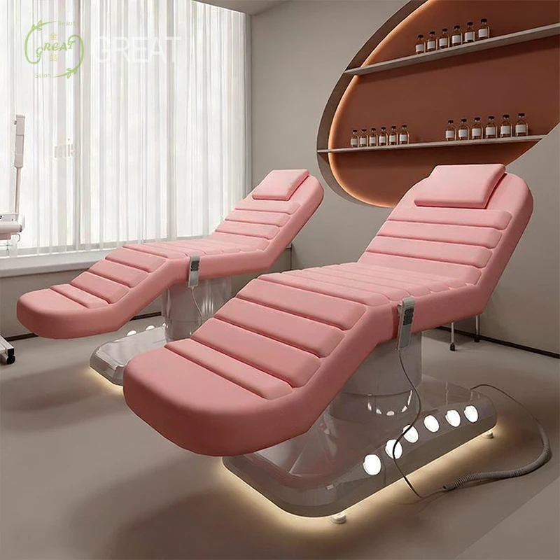 Luxury White Pink Beauty Salon Lash Facial Bed 3 Motors Electric Professional Massage Table With Foot Control And Led Lights
