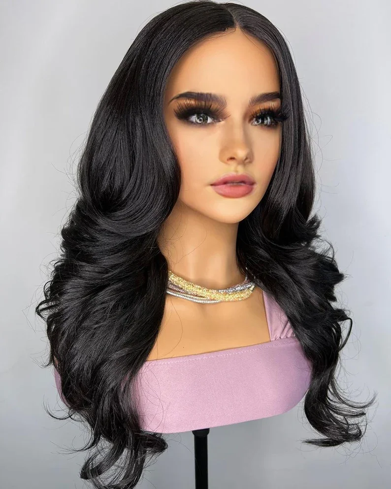 

26" Natural Black Body Wave 5x5 Silk Base Free Part Jewish Human Hair Wig With Bangs HD Lace European Hair Preplucked