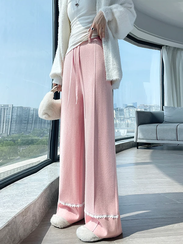 Damskie spodnie z wysokim stanem, dzianinowe, z szerokimi nogawkami, miękkie, z koronkowym wykończeniem, codzienne spodnie do ziemi, spodnie typu dra, jesień-zima, nowość.