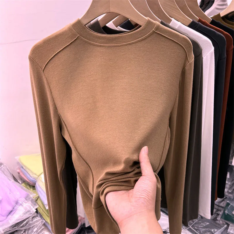 Double-sided Fleece Base Layer Women's 2024 New Autumn/winter Long Sleeve T-shirt Stylish Warm Student Solid Color Top