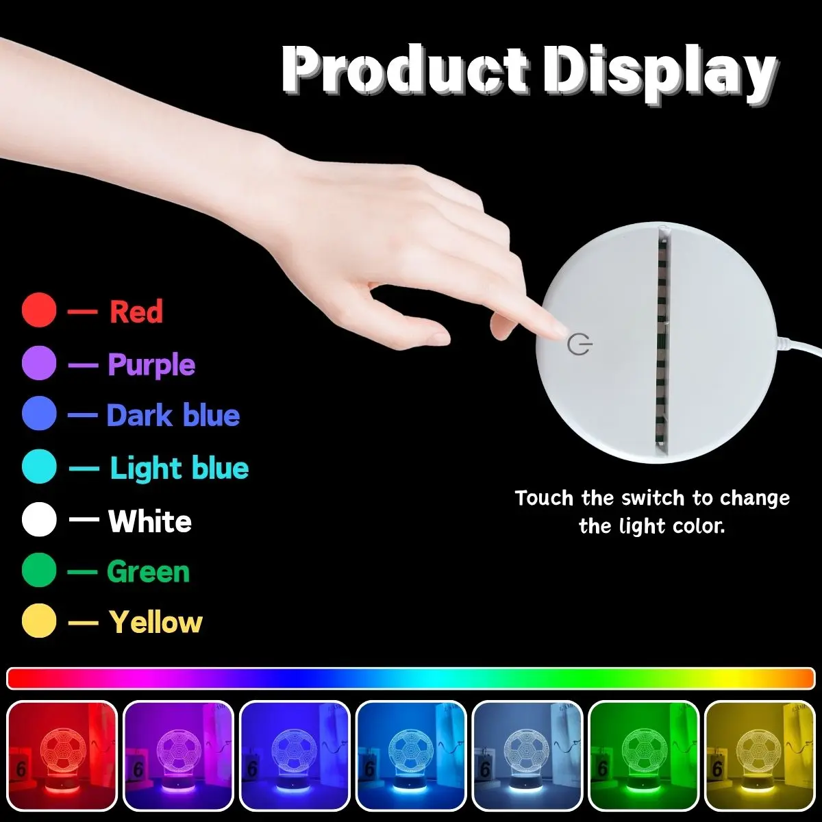1pc football themed colorful 3D night light, USB powered touch switch seven color base, a great ideal gift
