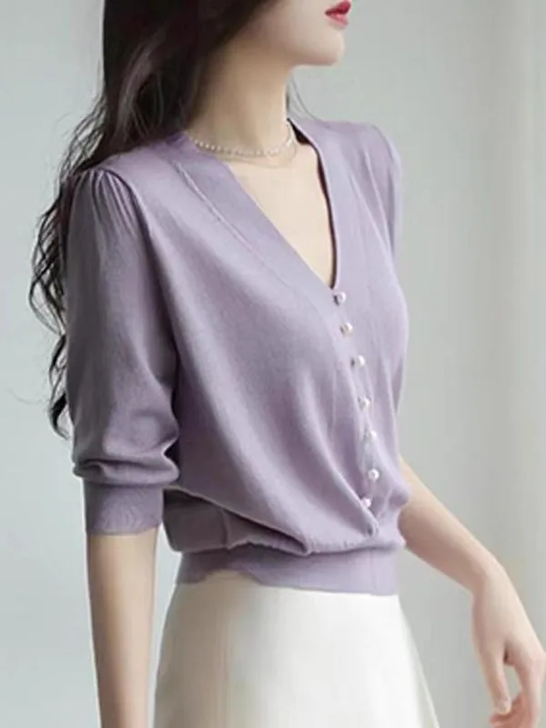 Ice Silk Knitted Short Sleeve V-Neck T-Shirt Women's Summer New Style Five Sleeve Lightweight Elegant Purple Top Thin Model