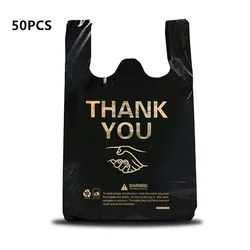 Black Thank You Plastic Carry Out Bags Reusable Shopping Grocery Vest Bag with Handle Supermarket Retail Packaging Storage 50pcs