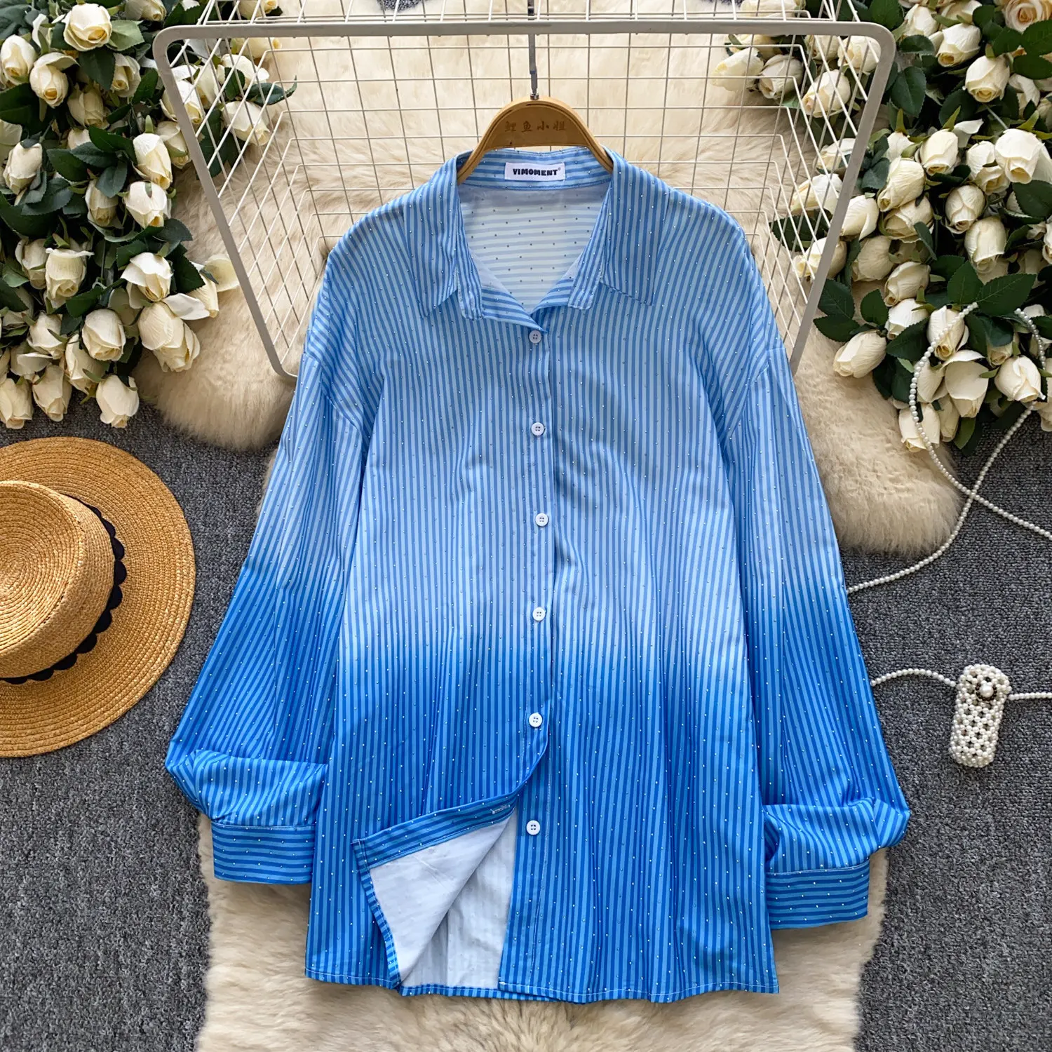 

Blouses Women Shirt Vintage Turn Down Collar Full Sleeve Tops Striped Y2k Streetwear Elegant Splice Casual Shirts 2026 Spring