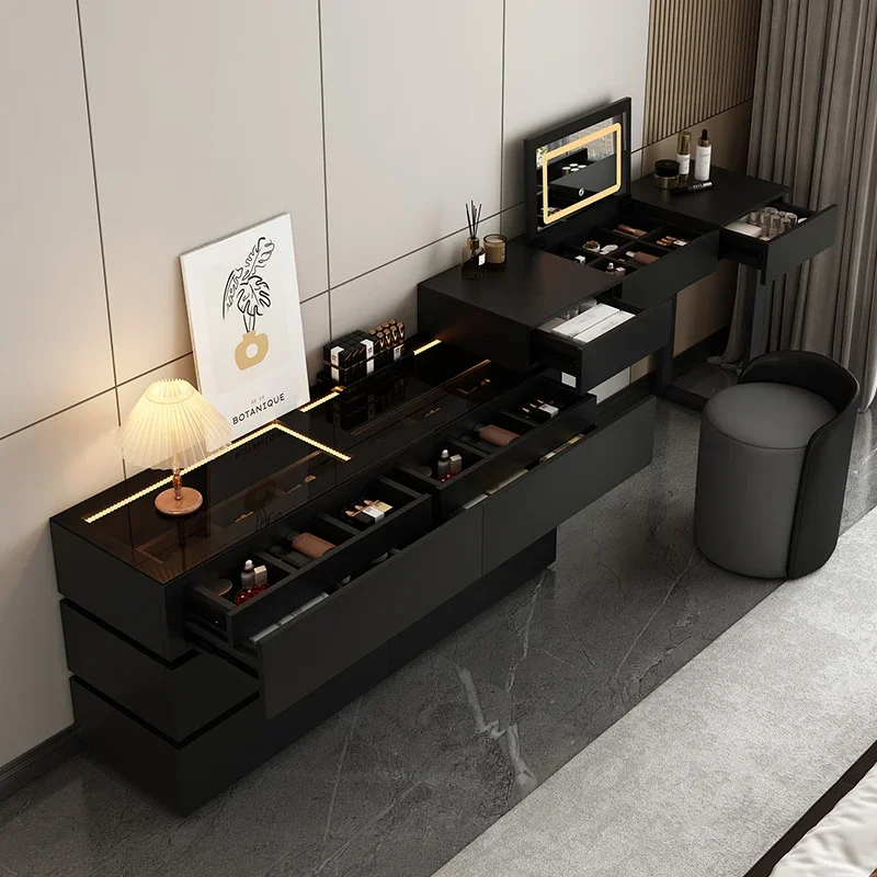 xx-Light  Mirror Dressing Table Stool Luxury Vanity Table 6 Drawer Makeup Table Black Storage Large Organizer Bedroom Furniture^