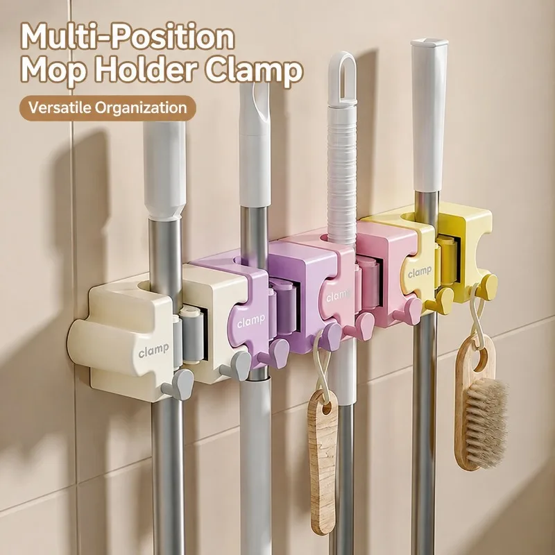 Macaron Jigsaw‑styled Mop Holder Drill‑free Wall‑mounted Bathroom Hook Practical Wall Storage Rack Organizing Brooms Cleaning