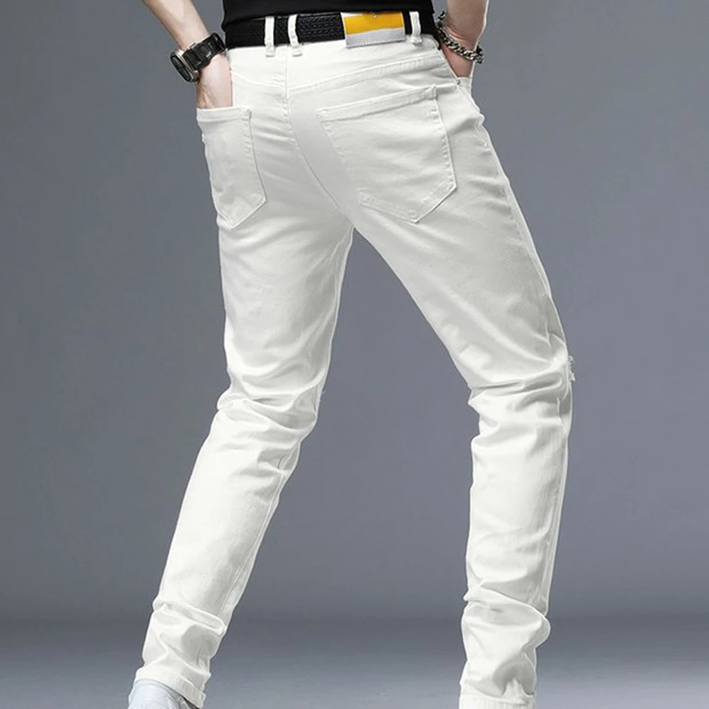 Spring Summer White Hot Drill Ripped Cowboy Korean Style Streetwear Men Washed Luxury Holes Slim Hip-hop Stylish Jeans Trousers