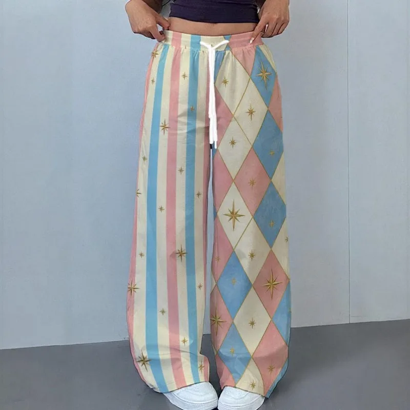Unisex Straight Long Pants 3D Pastel Rhombus Stripe Star Print Quick Dry Trousers Elastic High Waist Y2K Sweet Street Pants