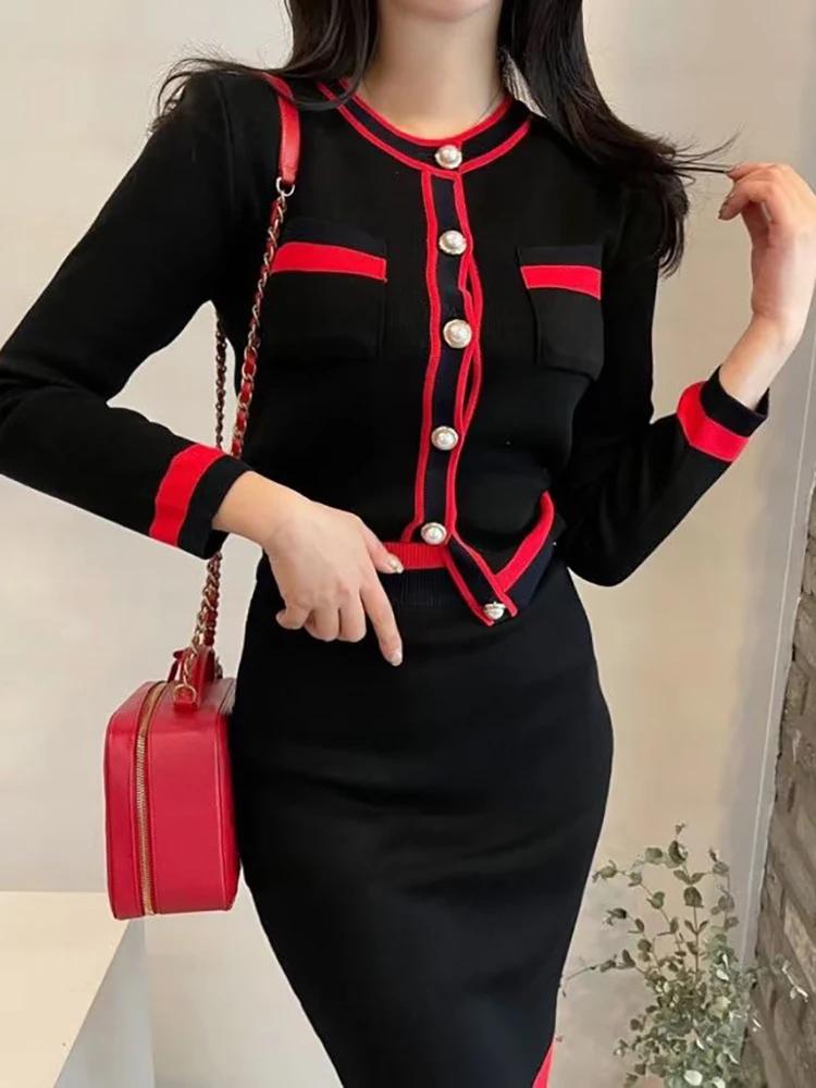 New Autumn Women Fashion Designer Skirt Set Long Sleeve Pockets Tops + High Waist Knee Skirt Knitting 2 Two Pieces Suits