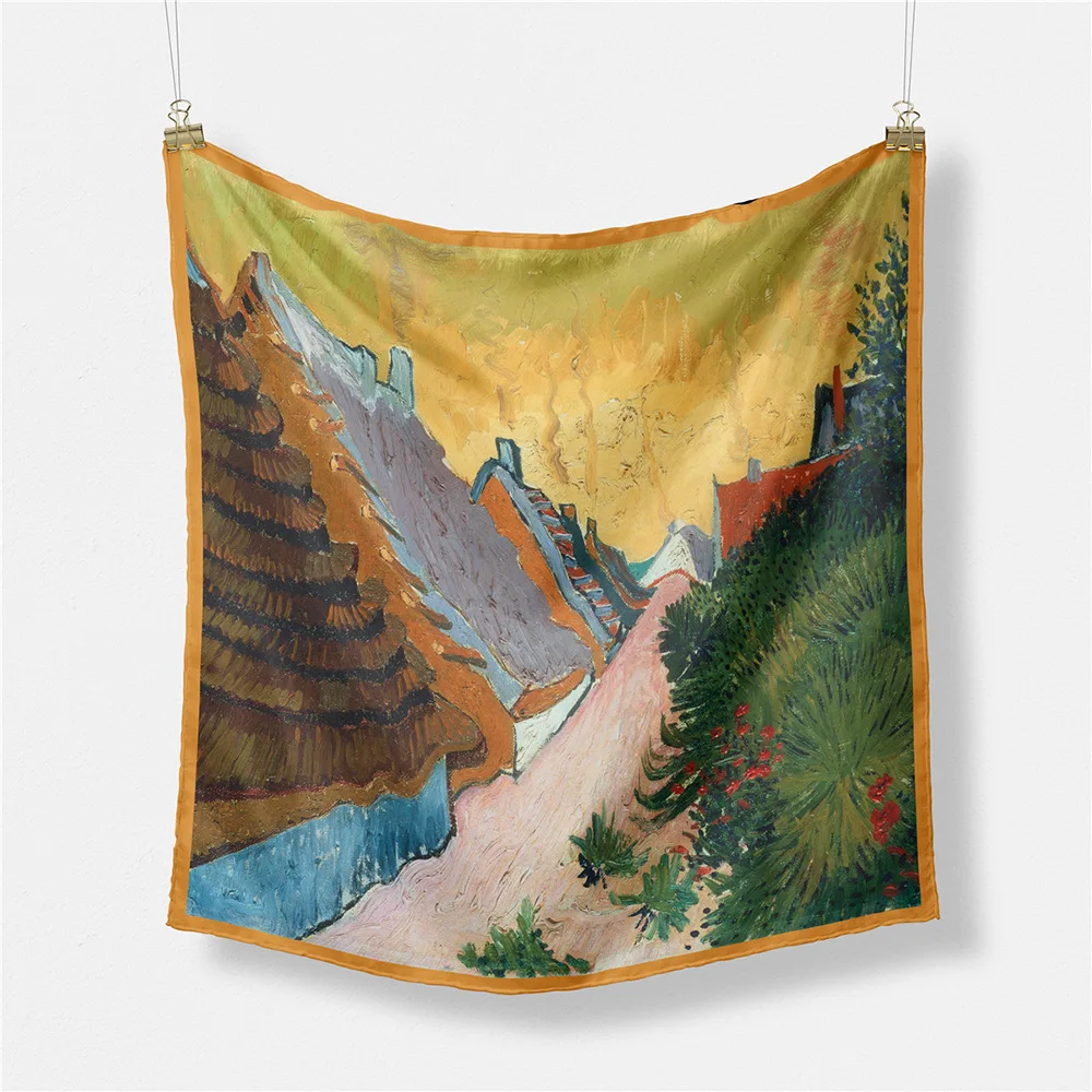 

New 53cm Van Gogh Oil Painting Saint Mary Street Floral Ladies Diagonal Pattern Decorative Small Square Scarf Fashion Accessory