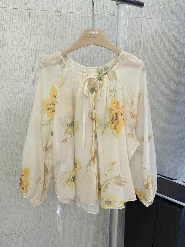 

Rustic Floral Print Shirt Thin Sun Protection Lantern Sleeve Women's Chiffon Cover up Spring Summer Casual Loose Fit Blouse