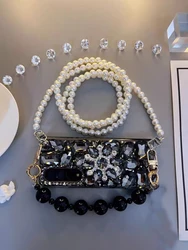For Samsung Galaxy Z Fold 7 6 5 4 3 Luxury Crystal Diamond Stand Holder Pearl Wrist Phone Case Cover