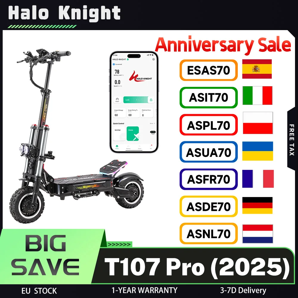 Scooter électrique Halo Knight T107 Pro (version 2025), moteur 3000 W x 2, batterie 60 V 38,4 Ah, vitesse maximale 95 km/h, portée 80 km, 11 pouces