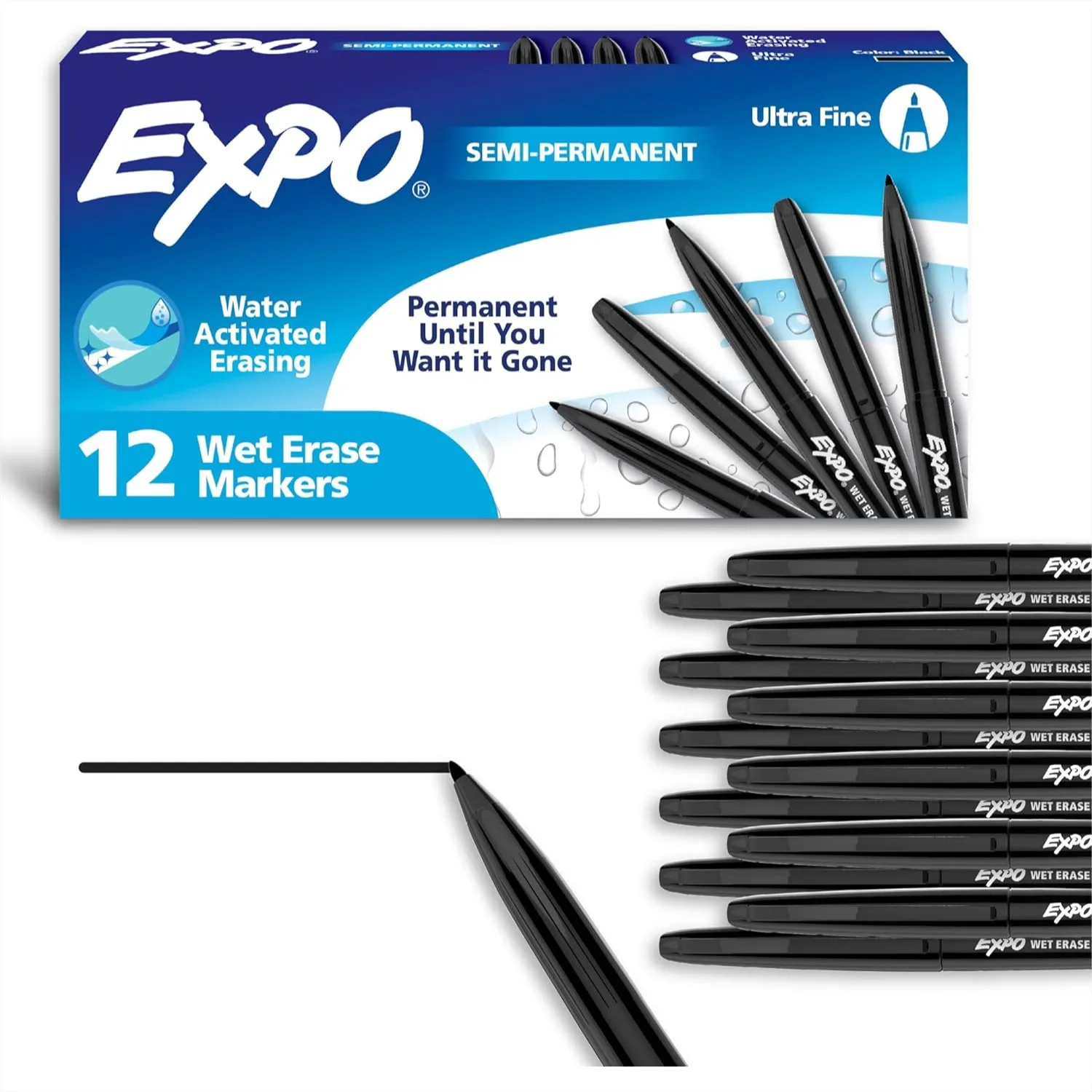 

Wet Erase Markers, Ultra Fine Tip, Black, 12 Count for Glass, Whiteboards, Calendars