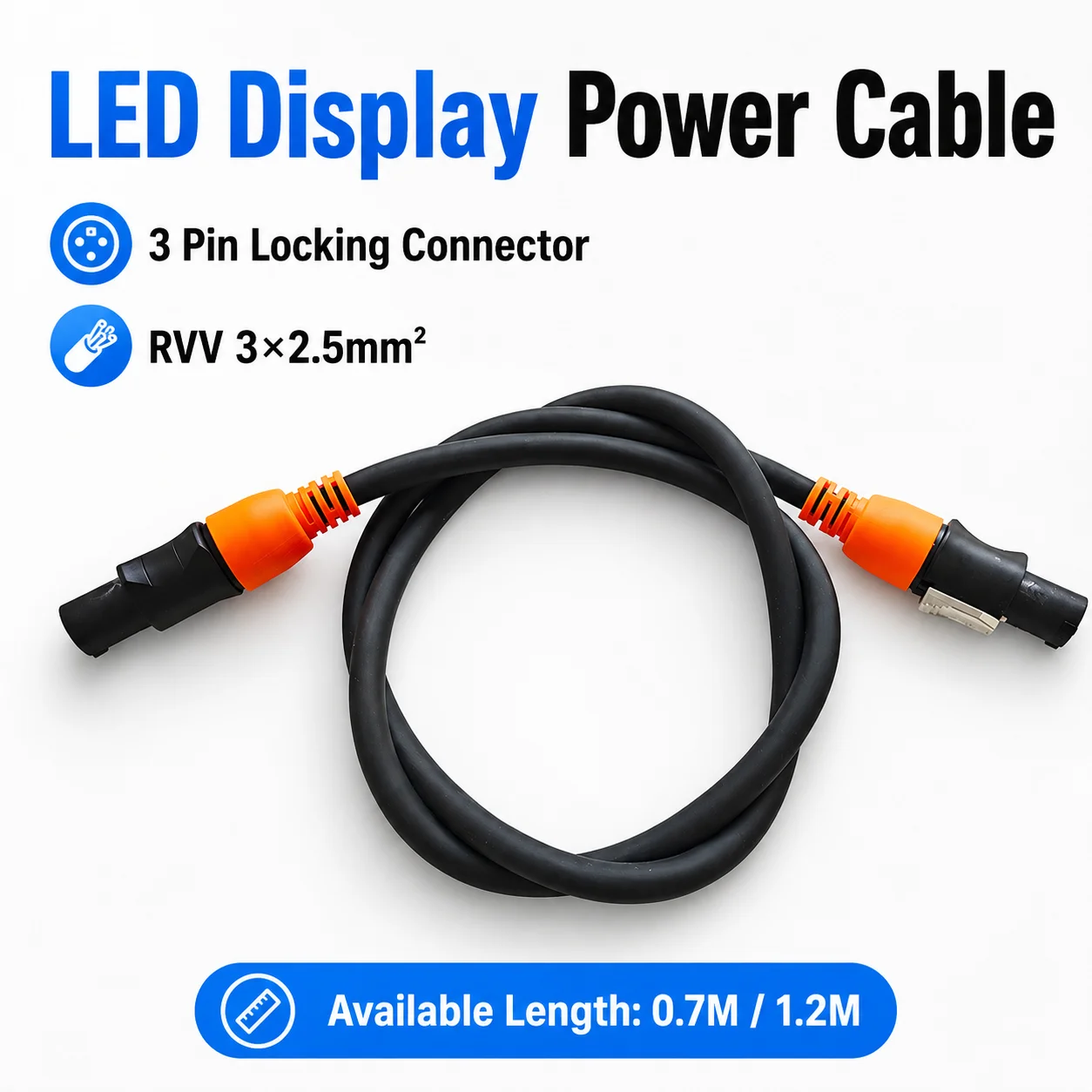 LED Display Power Cable 3 Pin 20A 250V Locking Power Connector 3x2.5mm² for LED Screen Cabinet 0.7M 1.2M