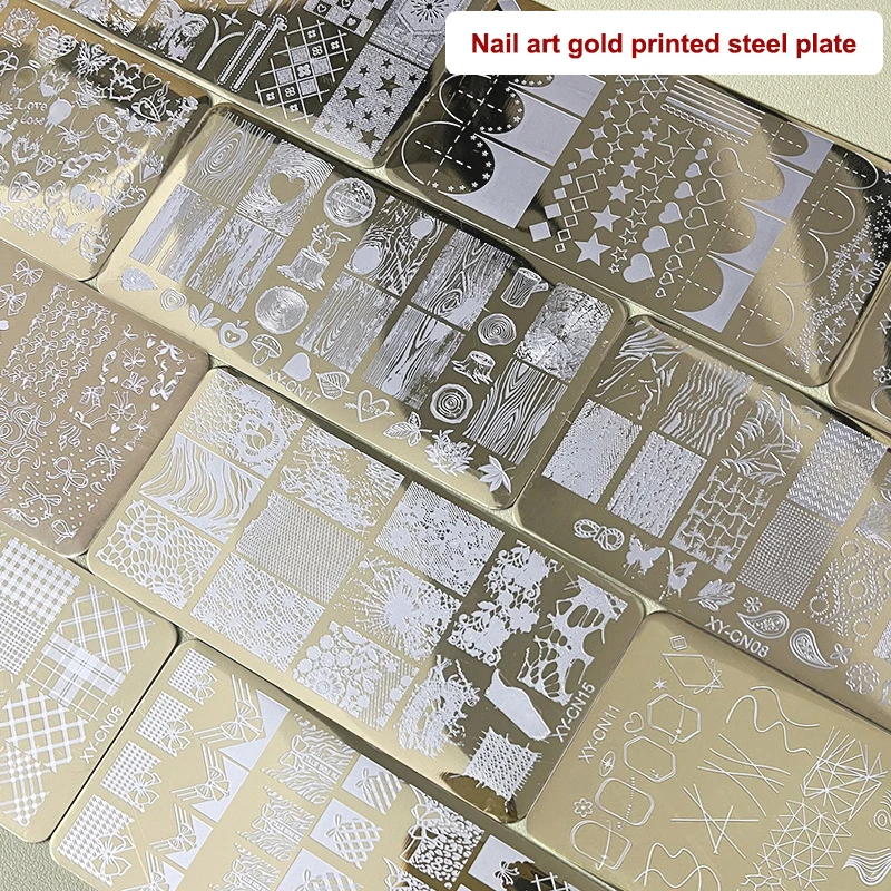 12x6cm Golden Rectangular Nail Stamping Plates Bowknot Butterfly Flower Cat Designs Nail Art Template For DIY Nail Decor Stencil