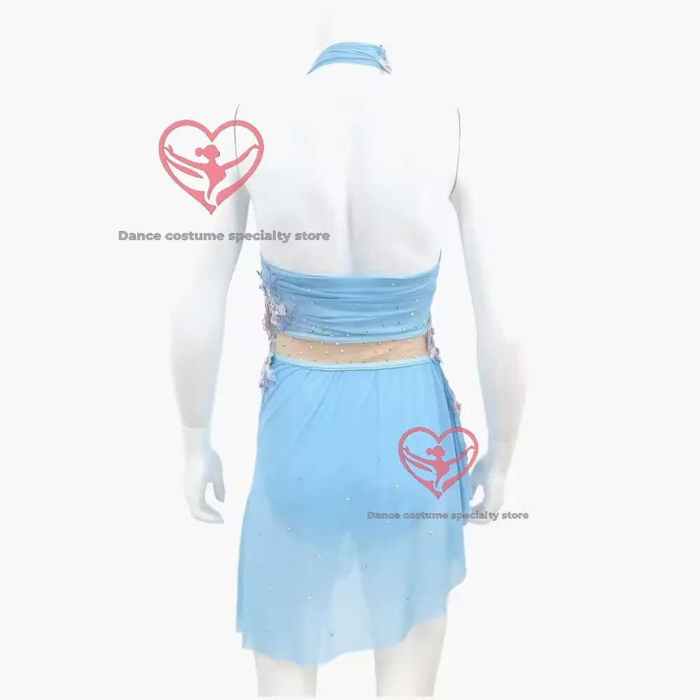 Bloom-Kissed Sky Blue Halter Lyrical Dance Dress – Sheer Waist Kids Princess Costume