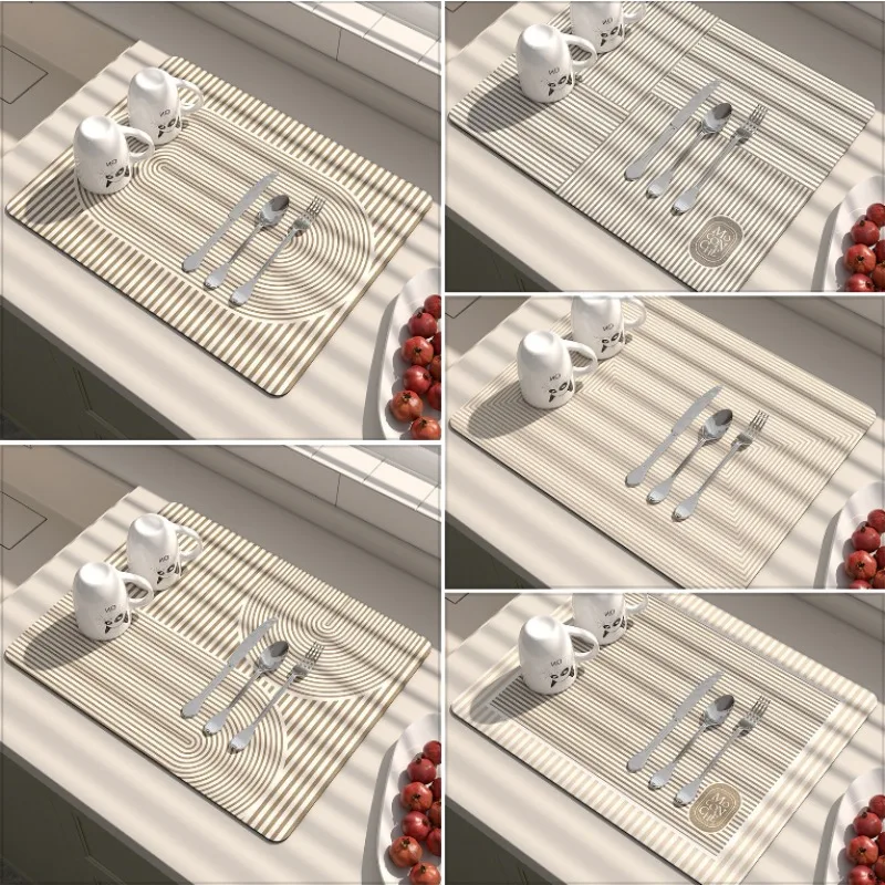 

Creamy Style Line Design Print Countertop Drain Mat Mul-sizes Tableware Non-slip Absorbent Pad Desktop Decor Insulation Pads