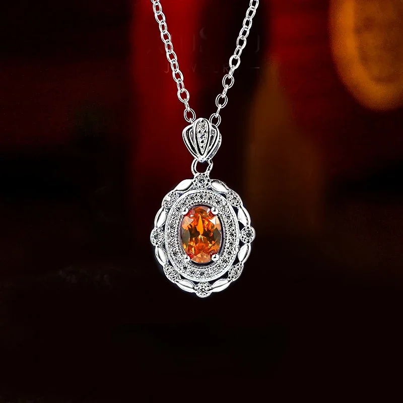 925 Silver Fanta Orange Elliptical Pendant with High Carbon Diamond Ice Flower Cutting, Middle Ancient Style, Elegant Female