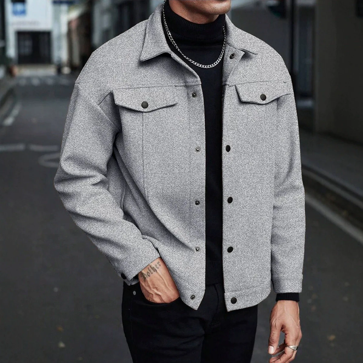Men Lapel Trucker Jacket Solid Color Button Flap Pockets Casual Long Sleeve Lightweight Cropped Outerwear Streetwear Work Coat
