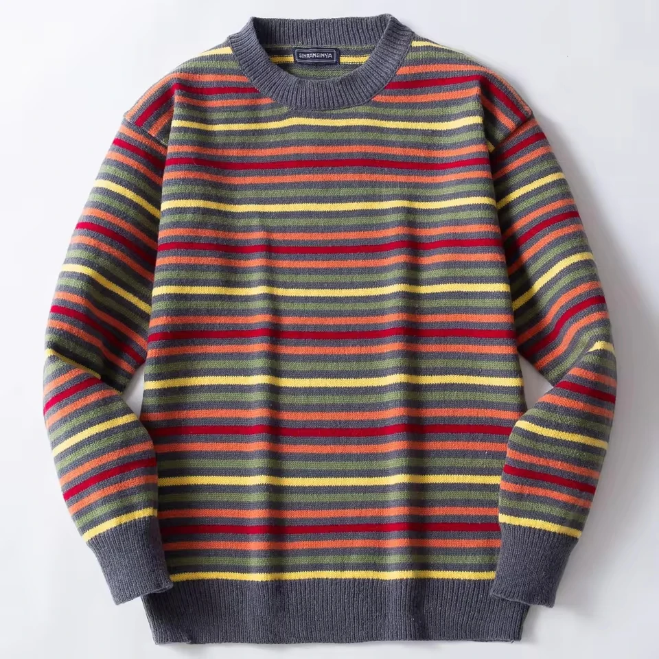 

Korean-style Men's Fashion Striped Knitted Sweater, Round Neck, Thickened, Pullover Sweater for Autumn and Winter.