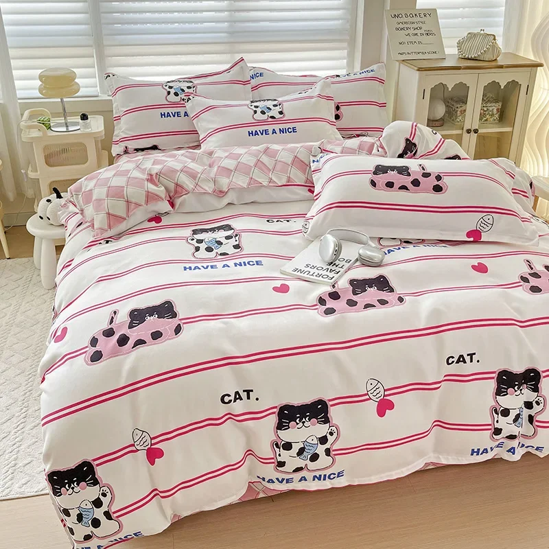 Cute Cartoon Cat Duvet Cover Set Twin Queen Pink Stripe Bedding Set Reversible Checkered Plaid Comforter Cover with 2 Pillowcase