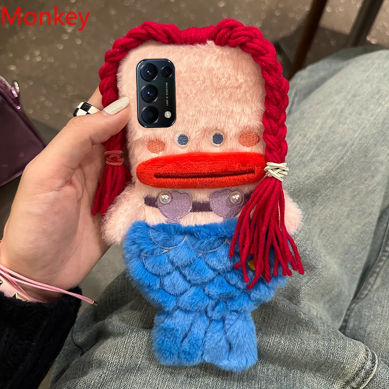 3D Cute Plush Mermaid Girls Gift Phone Case For OPPO Reno 7 6 5 4 2 8Z 7Z 6Z 2Z A72 A36 A76 A96 A5 A9 A53S A73 Fluffy Hair Cover