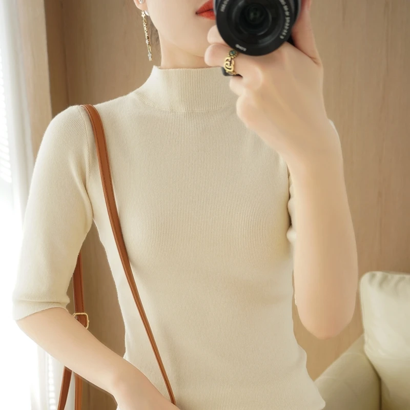 Simple Woolen ort Sve Five-Quarter Turn-Ne Knitted Base irt Women's Sli Slim Fit Spring Autumn Winter Top