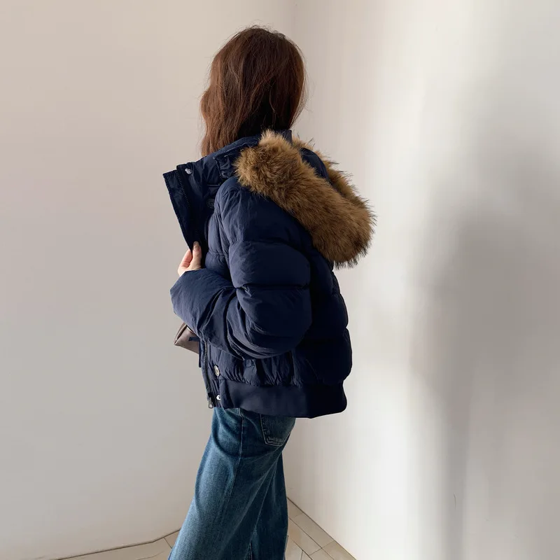 Women Parkas Coat Short Solid Jacket Big Fur Collar Hooded Zipper Pocket Long Sleeves Thick Loose Office Lady Casual 2025 Winter