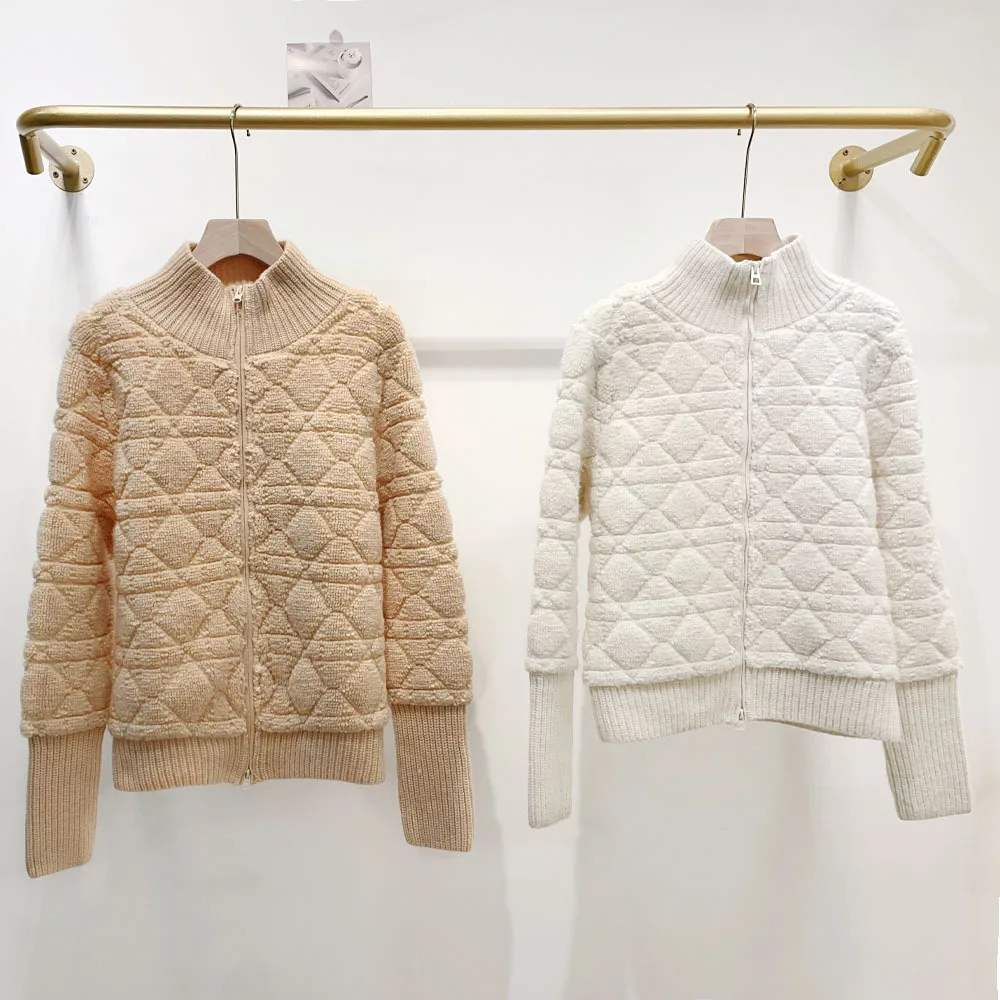 

MaSande 2022, осенне-зимний новый женский свободный повседневный вязаный свитер с воротником-стойкой и ромбовидным узором на молнии игольчатый свитер