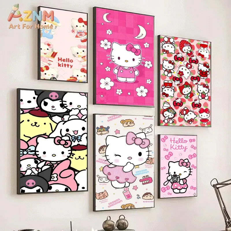 `Hello Kitty Sanrio Kawaii Canvas Wall Art Unframed Poster For Girls Room Strawberry Flower Multi Style Aesthetic Bedroom Dorm