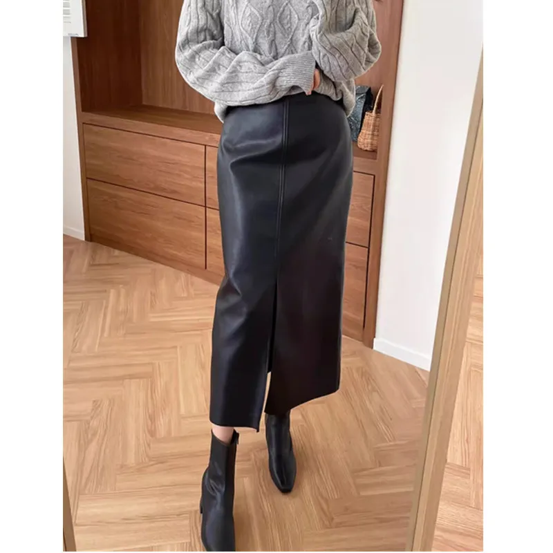 

Real Leather Skirt Women's High Waist MidI Length Spring And Autumn Sheepskin Step Wrap Hip Skirt