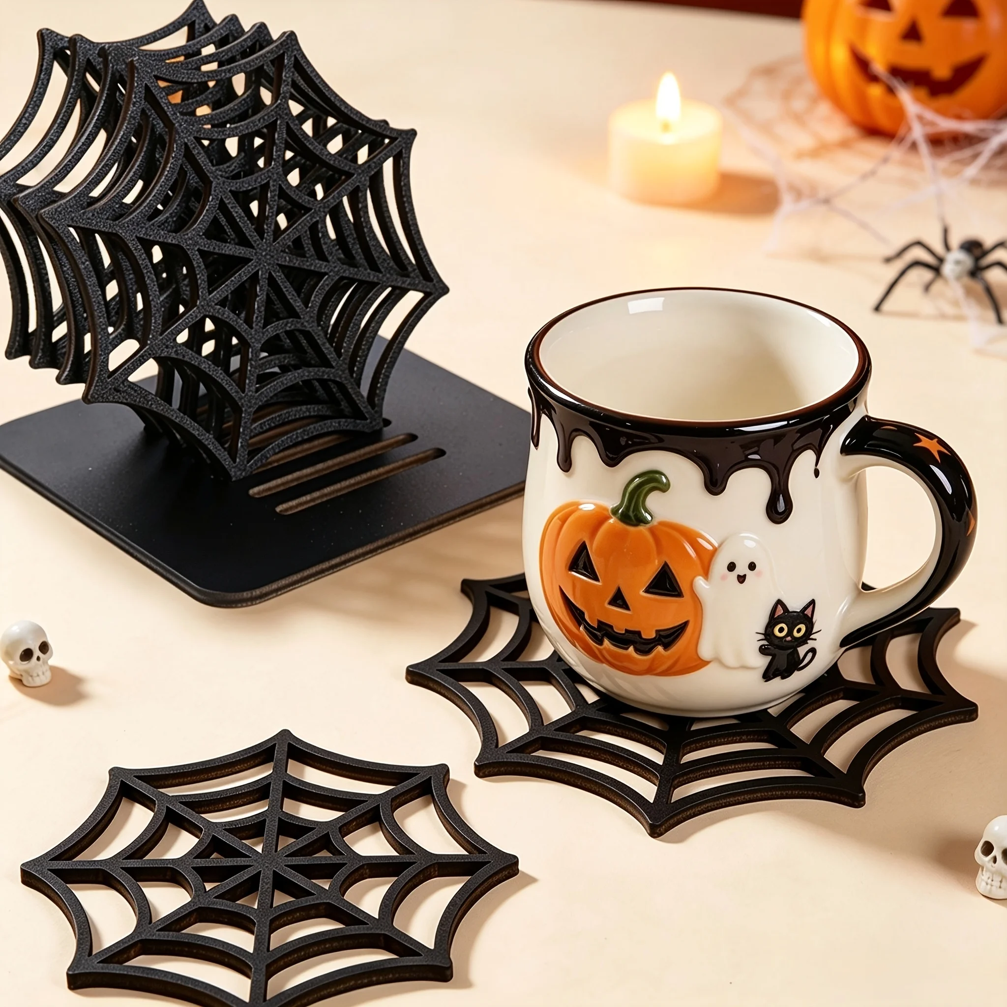 7Pcs Halloween Spider Web Wooden Coaster Set Wooden Cup Mat Heat Insulation Table Protector for Coffee Tea Mugs Party Home Bar